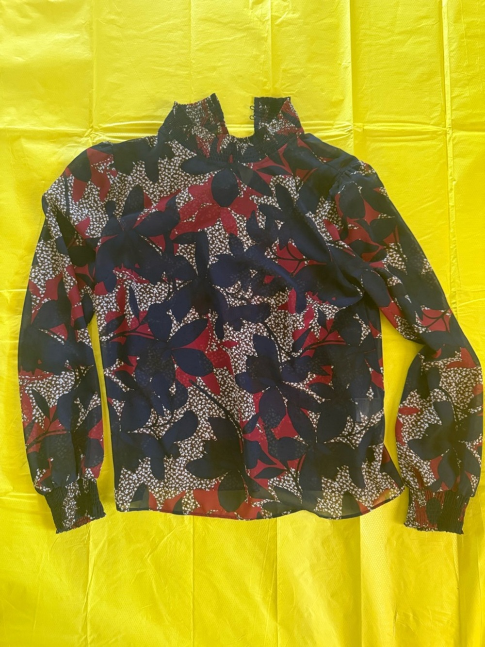 Bar III Navy and Burgundy Floral Smocked Neck Blouse